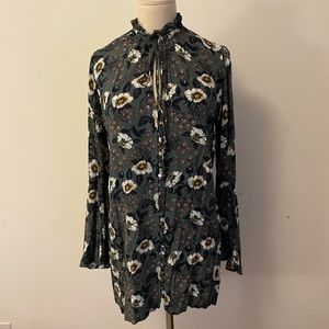 EUC FREE PEOPLE BOHO FLORAL  MINI FLARE LS DRESS TUNIC SZ XS